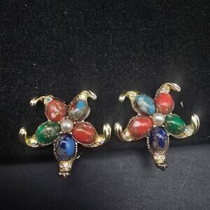 Cathe Starfish Clip On Earrings Multicolor Gold Tone Summer Beachy